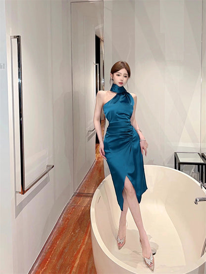 Unique Teal Satin High-Slit Backless Midi Skirt Chic One-Shoulder Long Scarf Tie Night Parties Halter Long Dress AP1999