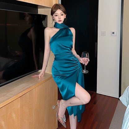 Unique Teal Satin High-Slit Backless Midi Skirt Chic One-Shoulder Long Scarf Tie Night Parties Halter Long Dress AP1999