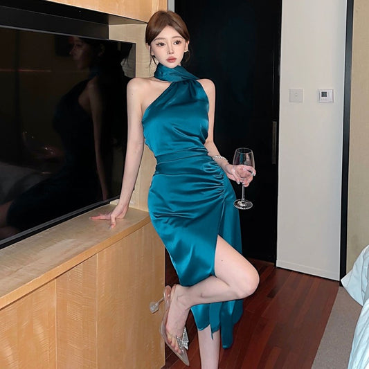 Unique Teal Satin High-Slit Backless Midi Skirt Chic One-Shoulder Long Scarf Tie Night Parties Halter Long Dress AP1999