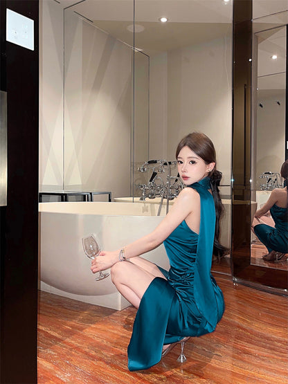 Unique Teal Satin High-Slit Backless Midi Skirt Chic One-Shoulder Long Scarf Tie Night Parties Halter Long Dress AP1999