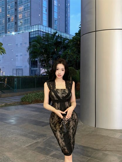 Graceful Black Sheer Lace Bodycon Mini Skirt Retro Black Cutout Back Square Neck Short Dress AP2000