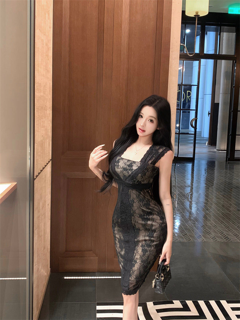 Graceful Black Sheer Lace Bodycon Mini Skirt Retro Black Cutout Back Square Neck Short Dress AP2000