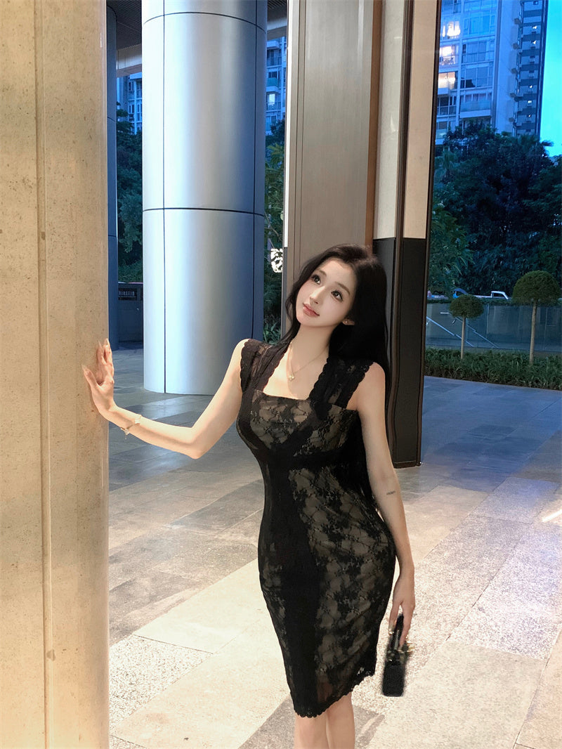 Graceful Black Sheer Lace Bodycon Mini Skirt Retro Black Cutout Back Square Neck Short Dress AP2000