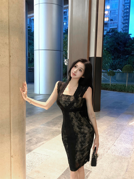 Graceful Black Sheer Lace Bodycon Mini Skirt Retro Black Cutout Back Square Neck Short Dress AP2000