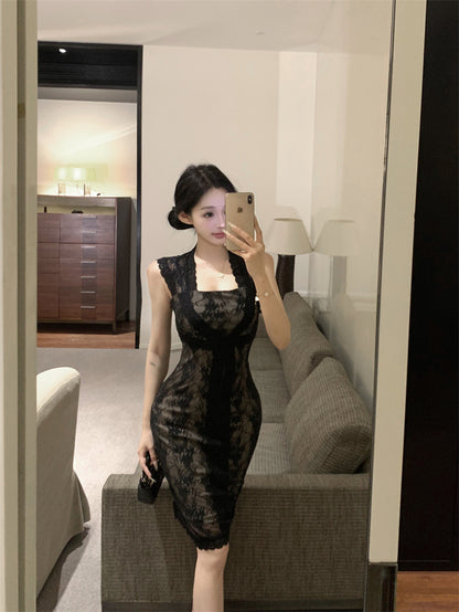 Graceful Black Sheer Lace Bodycon Mini Skirt Retro Black Cutout Back Square Neck Short Dress AP2000
