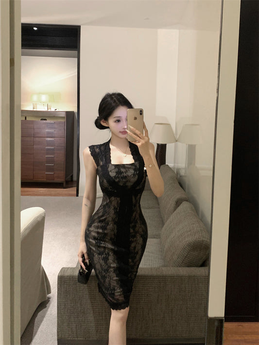 Graceful Black Sheer Lace Bodycon Mini Skirt Retro Black Cutout Back Square Neck Short Dress AP2000
