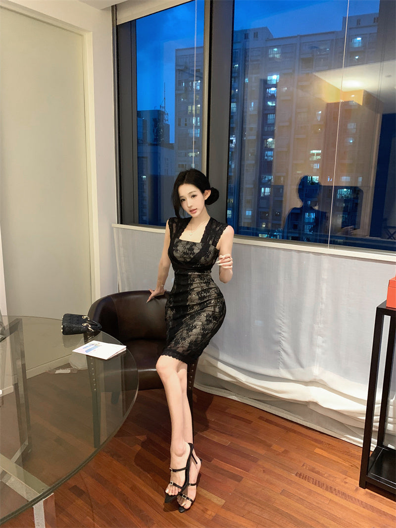 Graceful Black Sheer Lace Bodycon Mini Skirt Retro Black Cutout Back Square Neck Short Dress AP2000