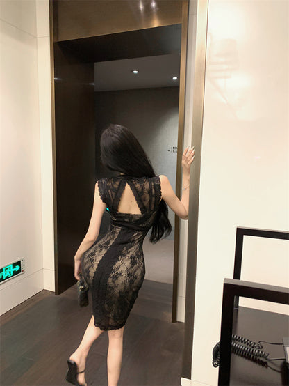 Graceful Black Sheer Lace Bodycon Mini Skirt Retro Black Cutout Back Square Neck Short Dress AP2000