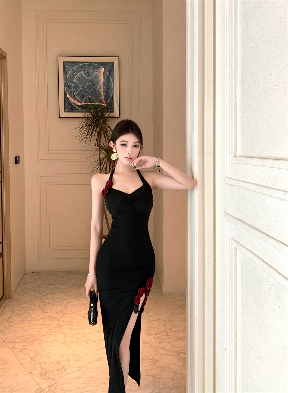 Elegant Black Bodycon High Slit Backless Midi Skirt Retro Evening Dates 3D Red Rose Appliques Halter Long Dress AP2001