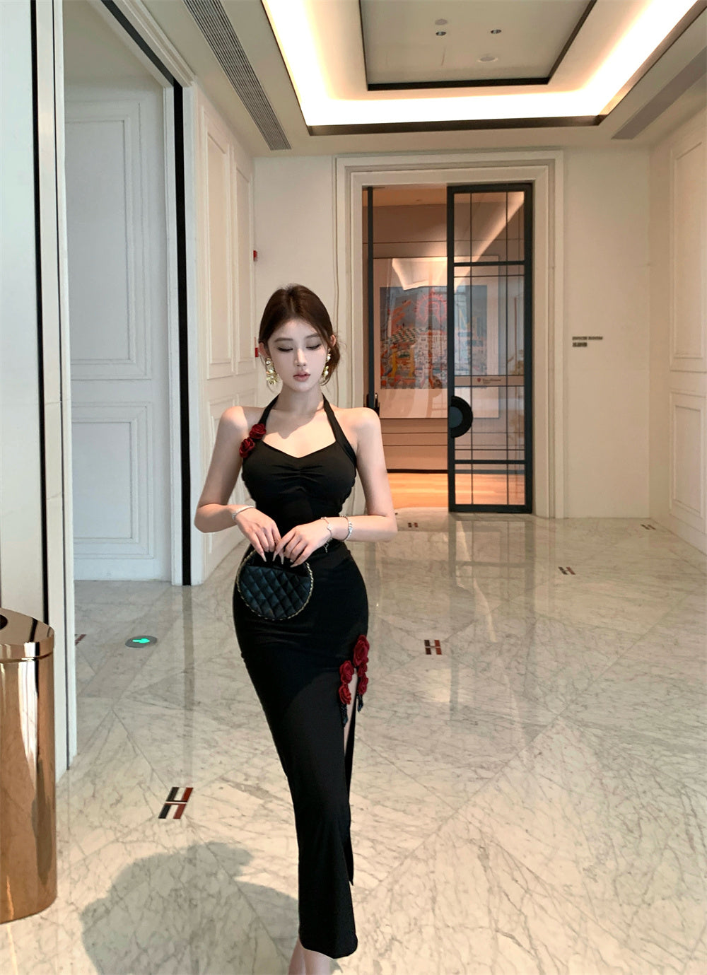 Elegant Black Bodycon High Slit Backless Midi Skirt Retro Evening Dates 3D Red Rose Appliques Halter Long Dress AP2001