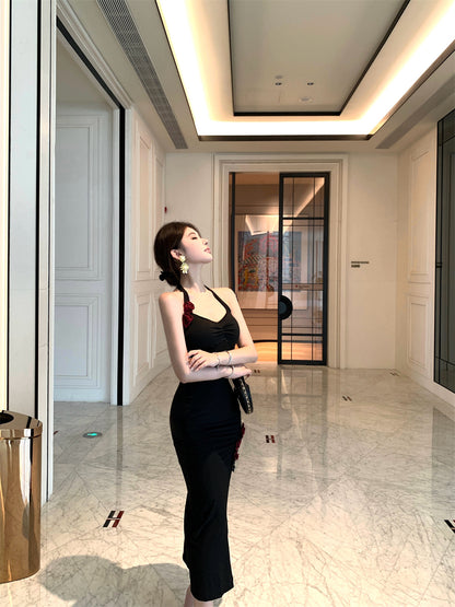 Elegant Black Bodycon High Slit Backless Midi Skirt Retro Evening Dates 3D Red Rose Appliques Halter Long Dress AP2001