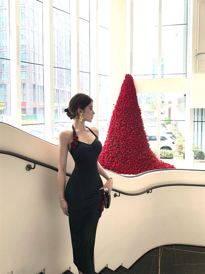 Elegant Black Bodycon High Slit Backless Midi Skirt Retro Evening Dates 3D Red Rose Appliques Halter Long Dress AP2001