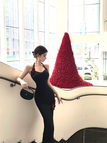 Elegant Black Bodycon High Slit Backless Midi Skirt Retro Evening Dates 3D Red Rose Appliques Halter Long Dress AP2001