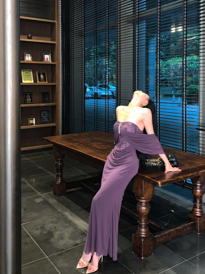 Alluring Lace Bodice Mermaid Hem Rhinestone Accent Maxi Skirt Novelty Purple Draped Front Off-Shoulder Night Parties Long Dress AP2002