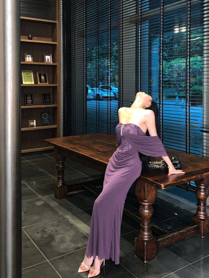 Alluring Lace Bodice Mermaid Hem Rhinestone Accent Maxi Skirt Novelty Purple Draped Front Off-Shoulder Night Parties Long Dress AP2002