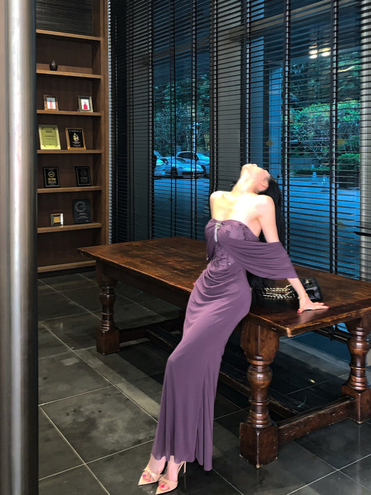 Alluring Lace Bodice Mermaid Hem Rhinestone Accent Maxi Skirt Novelty Purple Draped Front Off-Shoulder Night Parties Long Dress AP2002