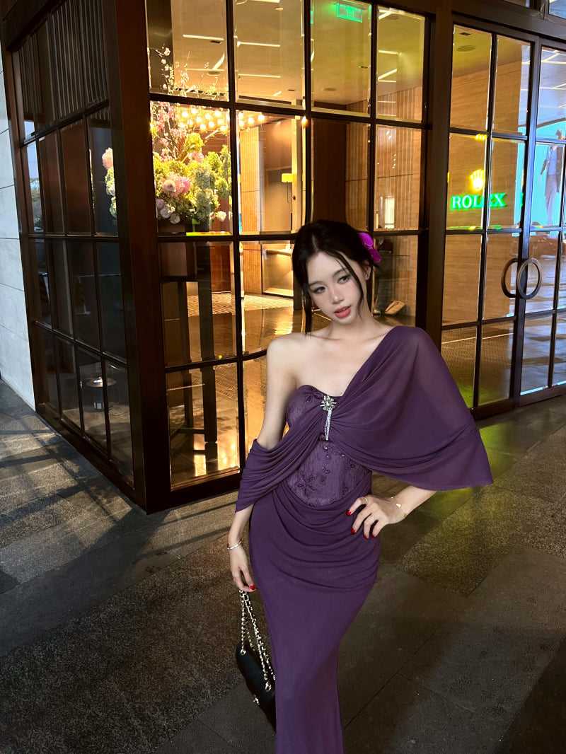 Alluring Lace Bodice Mermaid Hem Rhinestone Accent Maxi Skirt Novelty Purple Draped Front Off-Shoulder Night Parties Long Dress AP2002