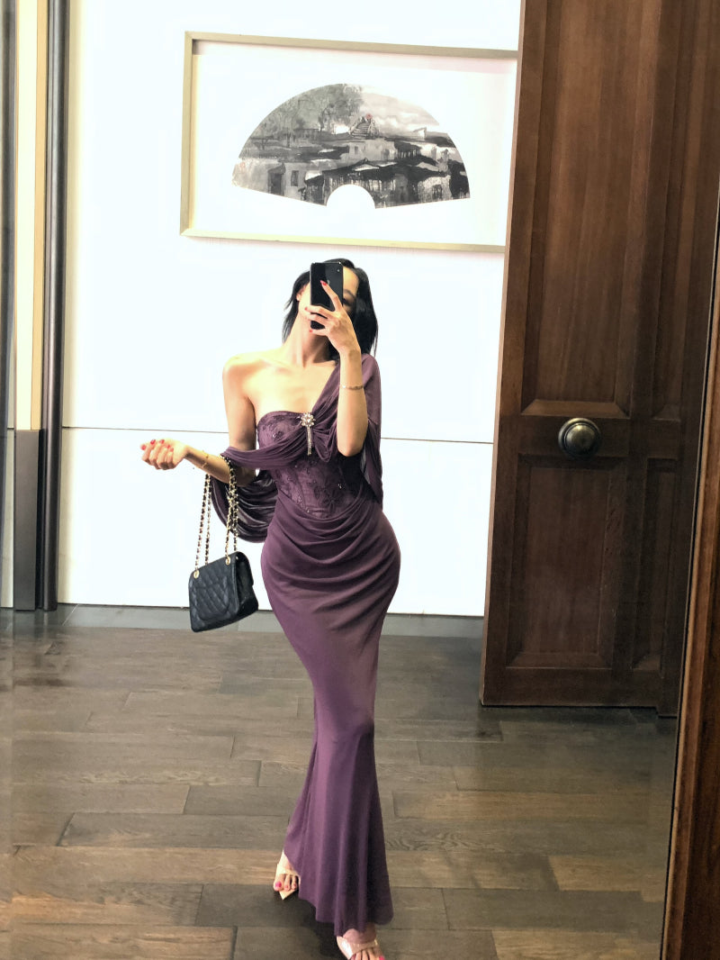 Alluring Lace Bodice Mermaid Hem Rhinestone Accent Maxi Skirt Novelty Purple Draped Front Off-Shoulder Night Parties Long Dress AP2002