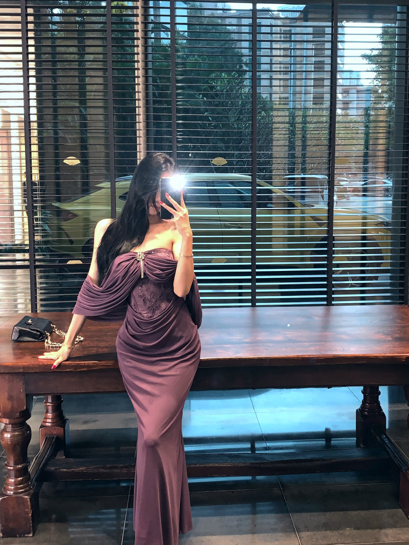 Alluring Lace Bodice Mermaid Hem Rhinestone Accent Maxi Skirt Novelty Purple Draped Front Off-Shoulder Night Parties Long Dress AP2002