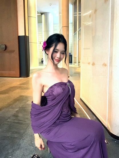 Alluring Lace Bodice Mermaid Hem Rhinestone Accent Maxi Skirt Novelty Purple Draped Front Off-Shoulder Night Parties Long Dress AP2002