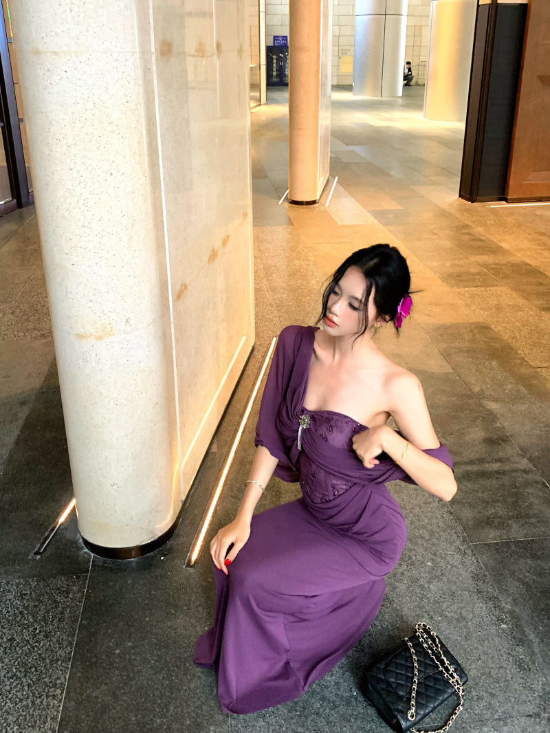 Alluring Lace Bodice Mermaid Hem Rhinestone Accent Maxi Skirt Novelty Purple Draped Front Off-Shoulder Night Parties Long Dress AP2002