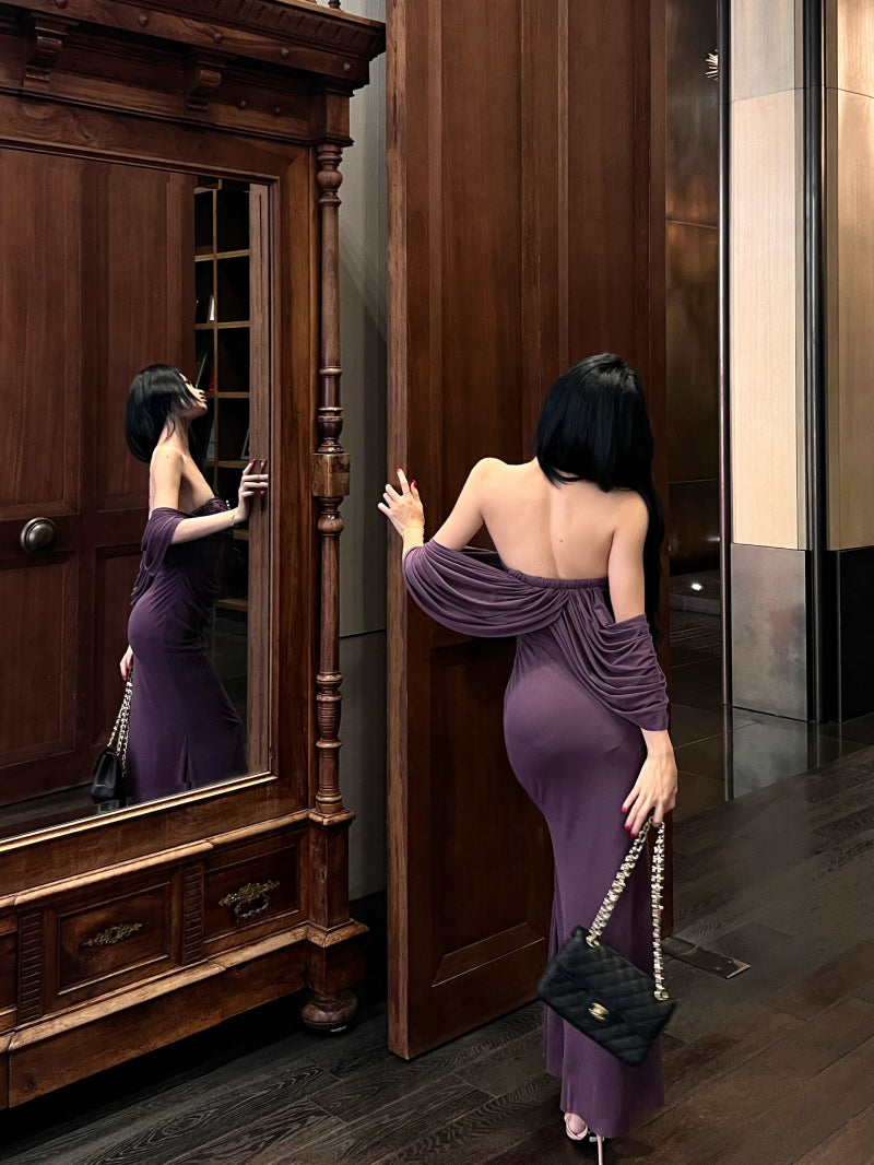 Alluring Lace Bodice Mermaid Hem Rhinestone Accent Maxi Skirt Novelty Purple Draped Front Off-Shoulder Night Parties Long Dress AP2002