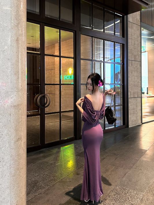 Alluring Lace Bodice Mermaid Hem Rhinestone Accent Maxi Skirt Novelty Purple Draped Front Off-Shoulder Night Parties Long Dress AP2002