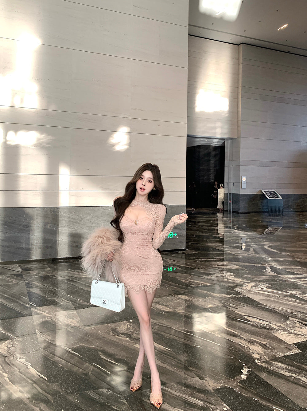 French-Style Nude Lace Long Sleeve Bodycon Mini Skirt Retro Evening Parties Rhinestone Accent Cutout Round Neck Short Dress AP2003