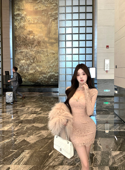 French-Style Nude Lace Long Sleeve Bodycon Mini Skirt Retro Evening Parties Rhinestone Accent Cutout Round Neck Short Dress AP2003