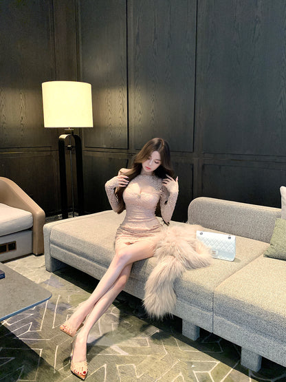 French-Style Nude Lace Long Sleeve Bodycon Mini Skirt Retro Evening Parties Rhinestone Accent Cutout Round Neck Short Dress AP2003