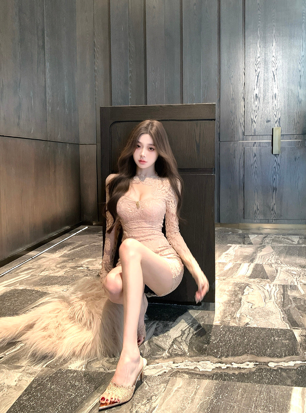 French-Style Nude Lace Long Sleeve Bodycon Mini Skirt Retro Evening Parties Rhinestone Accent Cutout Round Neck Short Dress AP2003