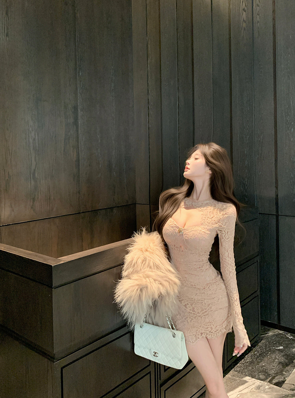 French-Style Nude Lace Long Sleeve Bodycon Mini Skirt Retro Evening Parties Rhinestone Accent Cutout Round Neck Short Dress AP2003