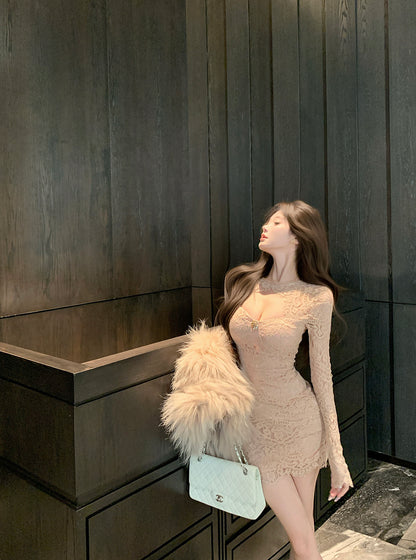 French-Style Nude Lace Long Sleeve Bodycon Mini Skirt Retro Evening Parties Rhinestone Accent Cutout Round Neck Short Dress AP2003