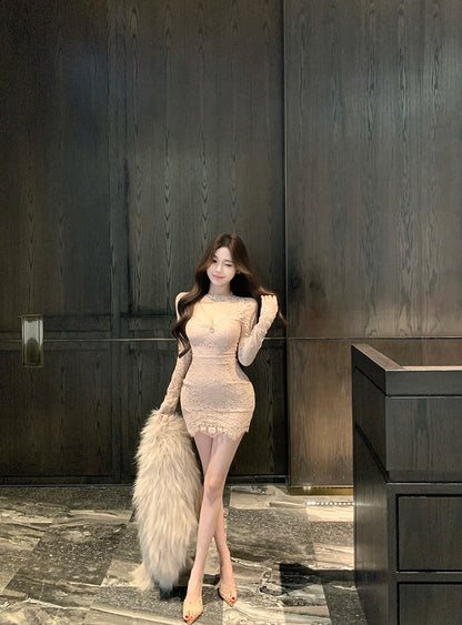 French-Style Nude Lace Long Sleeve Bodycon Mini Skirt Retro Evening Parties Rhinestone Accent Cutout Round Neck Short Dress AP2003