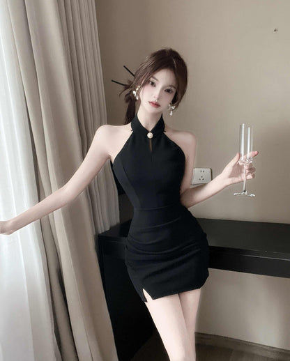 Unique Pearl Shoulder Chains Black Mini Skirt Charming Side Slit Night Parties Cutout Halter Short Dress AP2004