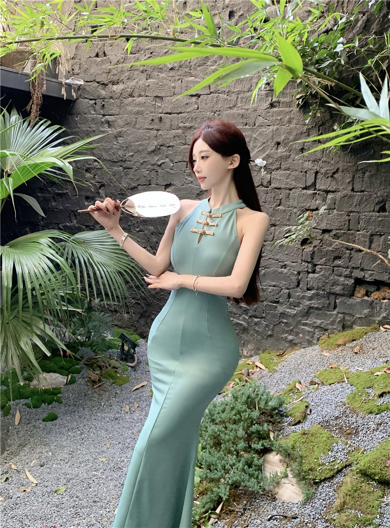 Vintage Sheath Frog Buttons Teal Maxi Dress Elegant Sleeveless Cutout Mermaid Hem Long Dress AP2005