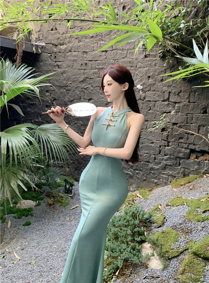 Vintage Sheath Frog Buttons Teal Maxi Dress Elegant Sleeveless Cutout Mermaid Hem Long Dress AP2005