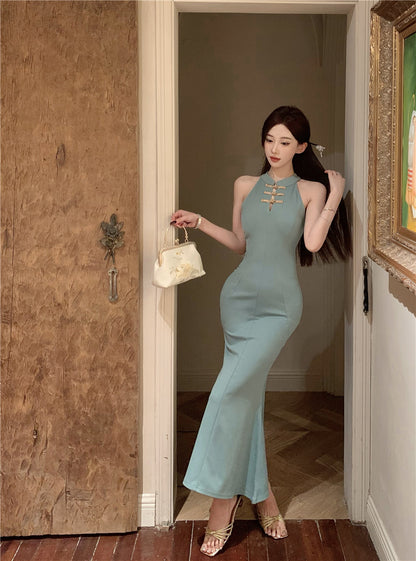 Vintage Sheath Frog Buttons Teal Maxi Dress Elegant Sleeveless Cutout Mermaid Hem Long Dress AP2005