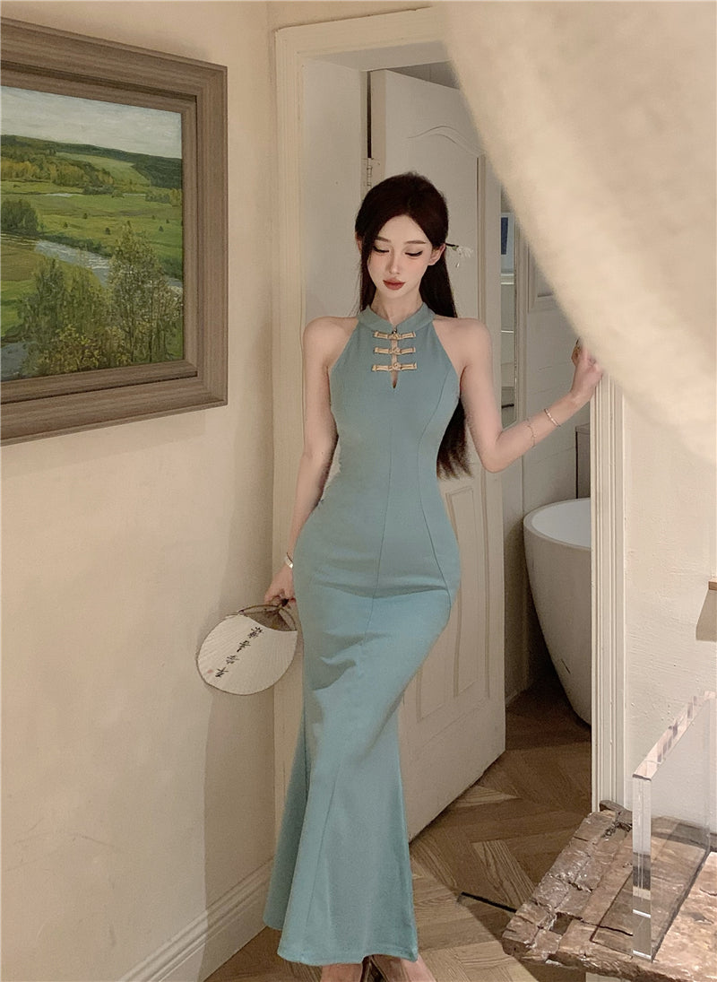 Vintage Sheath Frog Buttons Teal Maxi Dress Elegant Sleeveless Cutout Mermaid Hem Long Dress AP2005