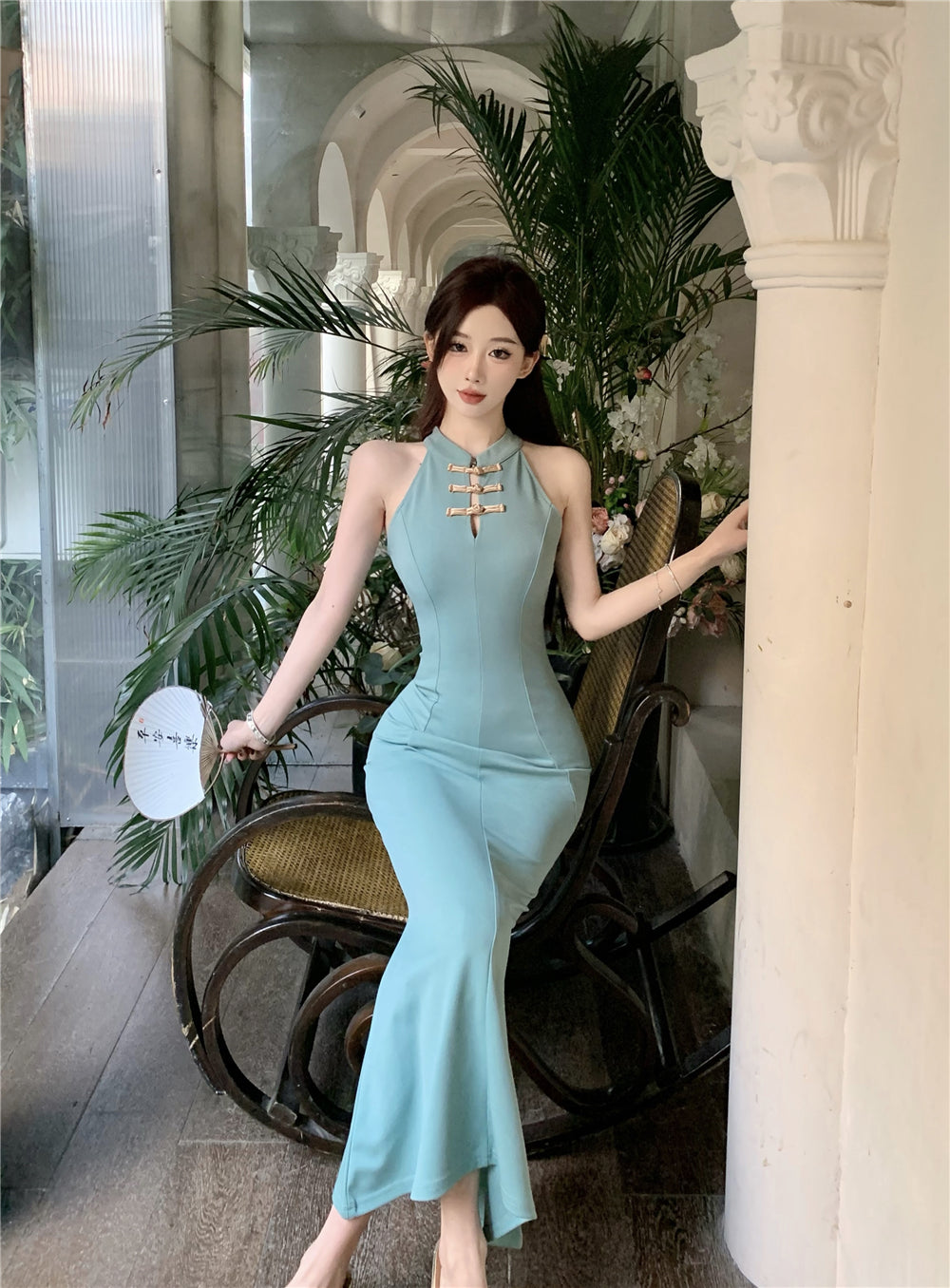 Vintage Sheath Frog Buttons Teal Maxi Dress Elegant Sleeveless Cutout Mermaid Hem Long Dress AP2005