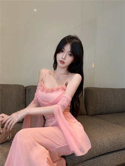 Romantic Pink Spaghetti Strap Bodycon Maxi Dress Graceful Detachable Sheer Tulle Sleeve 3D Floral Trimmed Long Dress AP2006