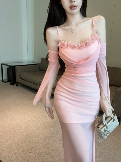 Romantic Pink Spaghetti Strap Bodycon Maxi Dress Graceful Detachable Sheer Tulle Sleeve 3D Floral Trimmed Long Dress AP2006
