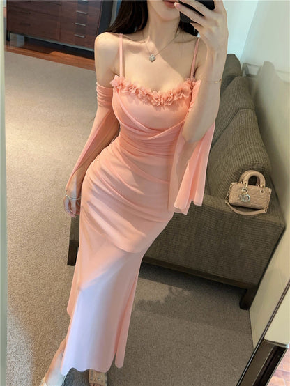 Romantic Pink Spaghetti Strap Bodycon Maxi Dress Graceful Detachable Sheer Tulle Sleeve 3D Floral Trimmed Long Dress AP2006
