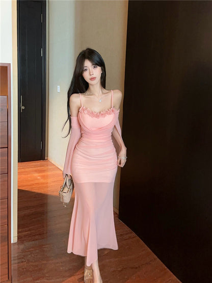 Romantic Pink Spaghetti Strap Bodycon Maxi Dress Graceful Detachable Sheer Tulle Sleeve 3D Floral Trimmed Long Dress AP2006