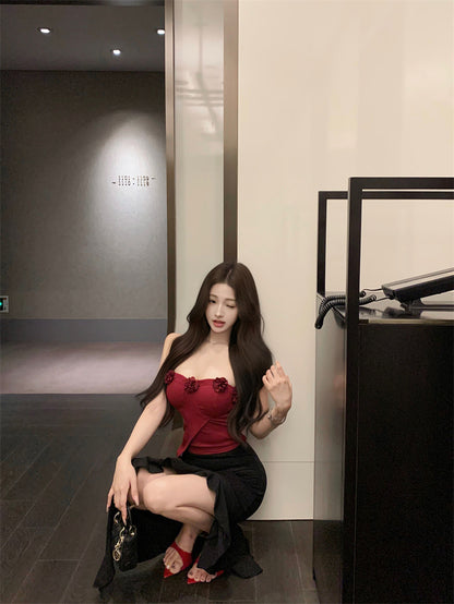 New Tendency Red & Black 2-Piece Set Ruffles Trimmed Maxi Dress Hot Girls Strapless 3D Floral Accent Hi-Lo Hem Long Dress AP2007