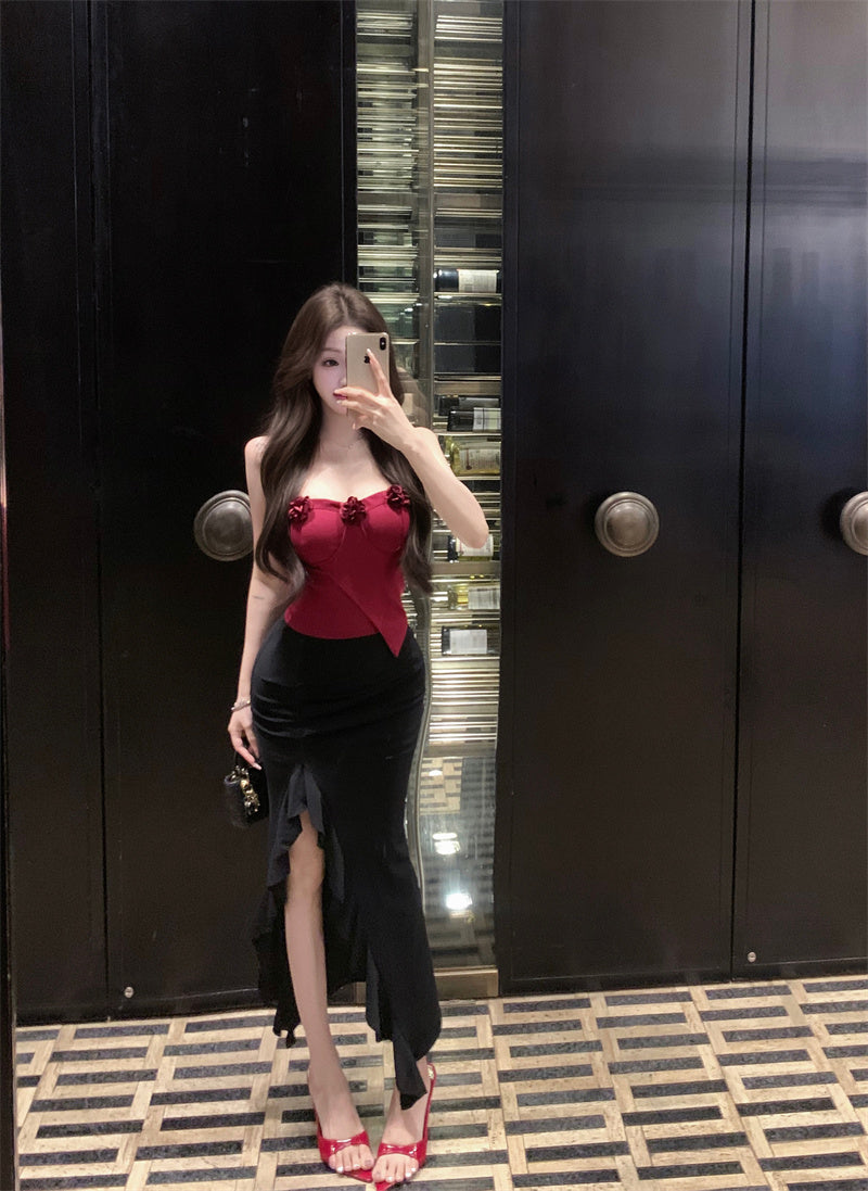New Tendency Red & Black 2-Piece Set Ruffles Trimmed Maxi Dress Hot Girls Strapless 3D Floral Accent Hi-Lo Hem Long Dress AP2007