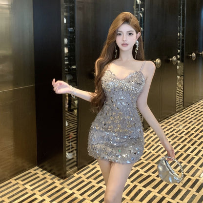 Vogue Sparkly Silver Sequin Bodycon Mini Dress Charming Rhinestone Accent Spaghetti Straps Short Dress AP2008