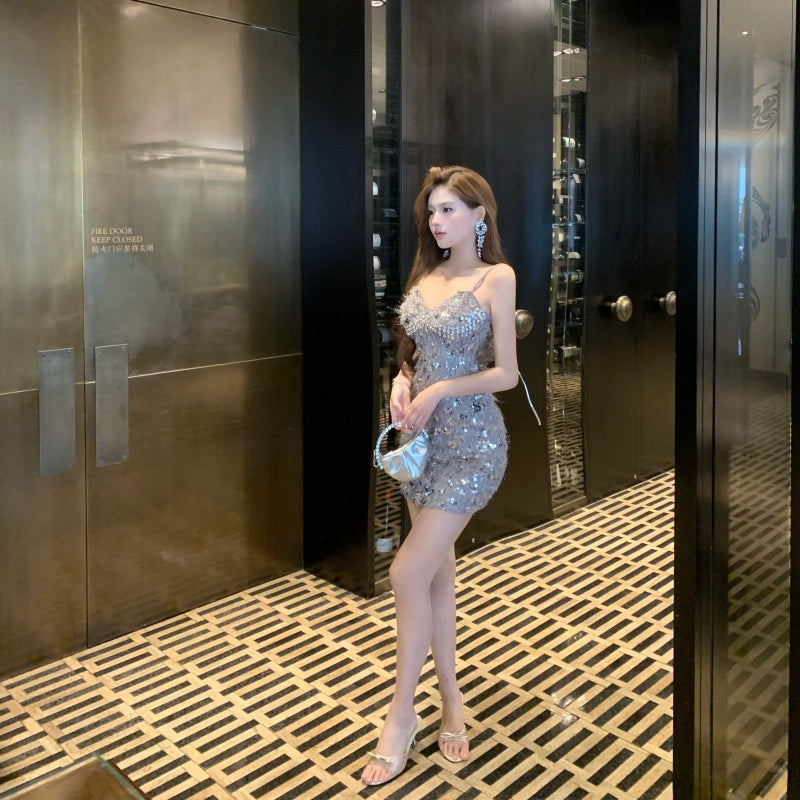 Vogue Sparkly Silver Sequin Bodycon Mini Dress Charming Rhinestone Accent Spaghetti Straps Short Dress AP2008