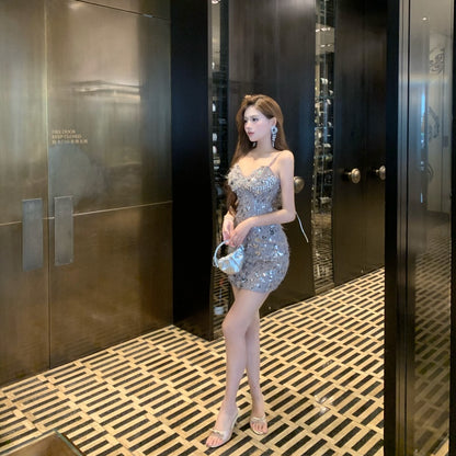 Vogue Sparkly Silver Sequin Bodycon Mini Dress Charming Rhinestone Accent Spaghetti Straps Short Dress AP2008