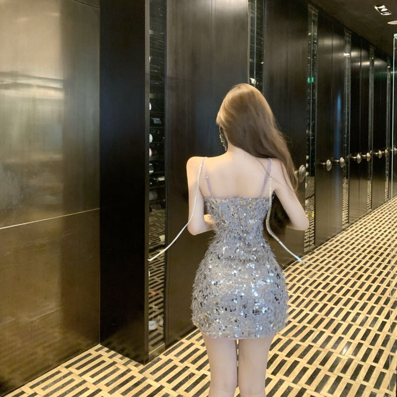 Vogue Sparkly Silver Sequin Bodycon Mini Dress Charming Rhinestone Accent Spaghetti Straps Short Dress AP2008